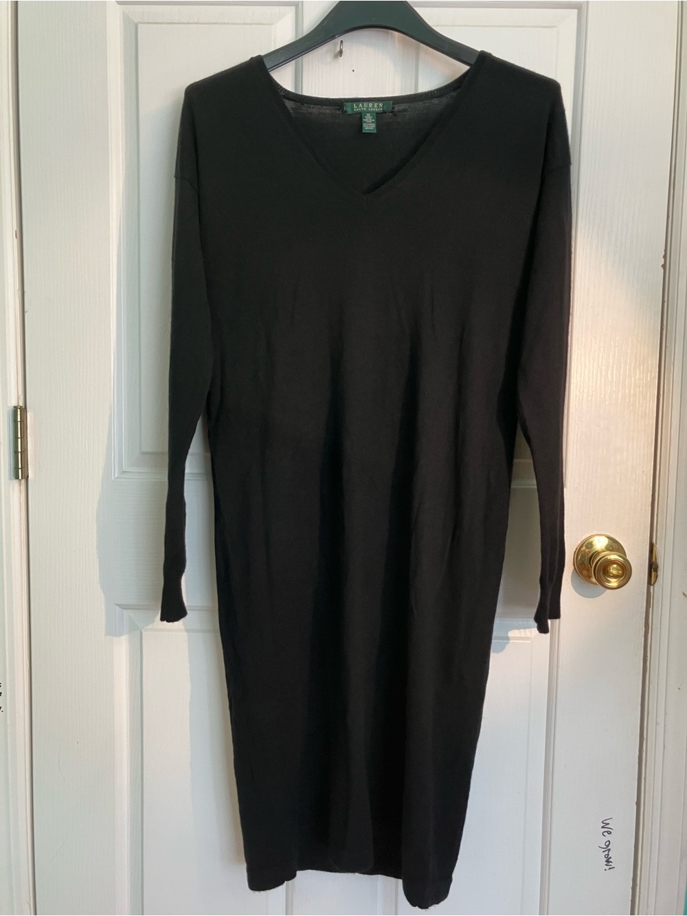 Ralph Lauren Black V-Neck Long Sleeve 100 percent Wool Knit Dress